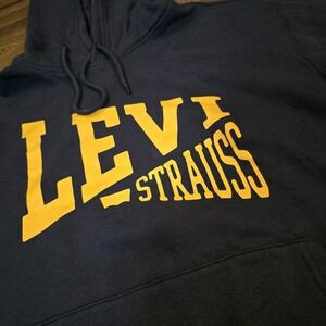 Levis Logo Hooded Sweatshirt Mens L Blue Gold Navy Relaxed Fit Hoodie